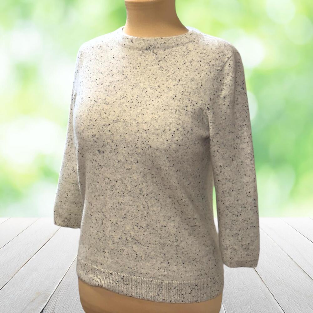 TALBOTS Cashmere Sweater Crew Neck 3/4 Sleeve Speckled Gray Size Petite LP